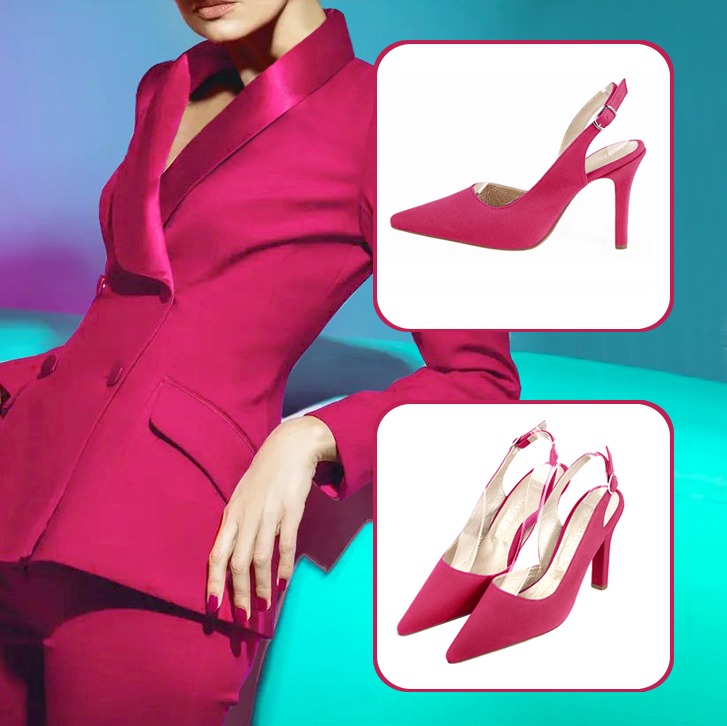 Escarpins bride arrière et luxueux sac à main assortis à une tenue rose fuchsia.