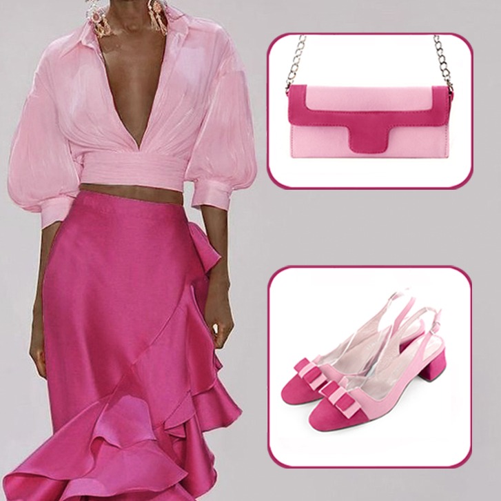 Escarpins bride arrière avec un noeud et pochette pour cérémonie assortis à une tenue rose fuchsia et rose camélia