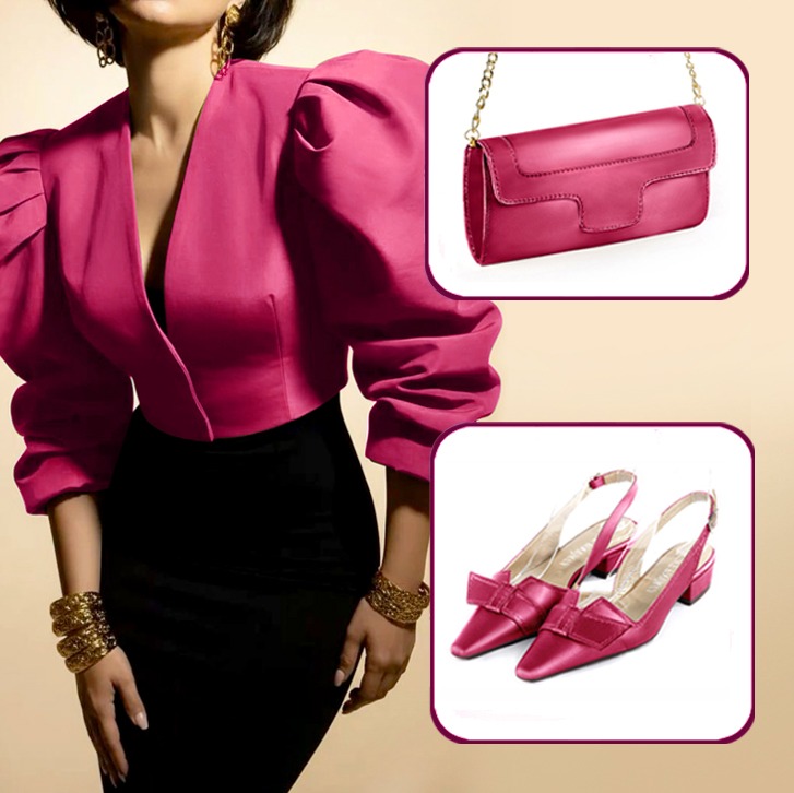 Women's dress slingback bow heels and clutch for wedding and parties paired to a fuchsia pink outfit.