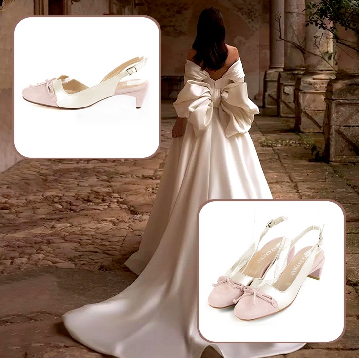 Escarpins bride arrière avec un noeud assortis à une tenue rose poudré et blanc pur.