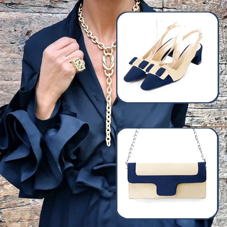 Women's elegant slingback heels, with a bow on the front and luxurious clutch for ceremonies to pair with a navy blue and egg shell beige outfit.