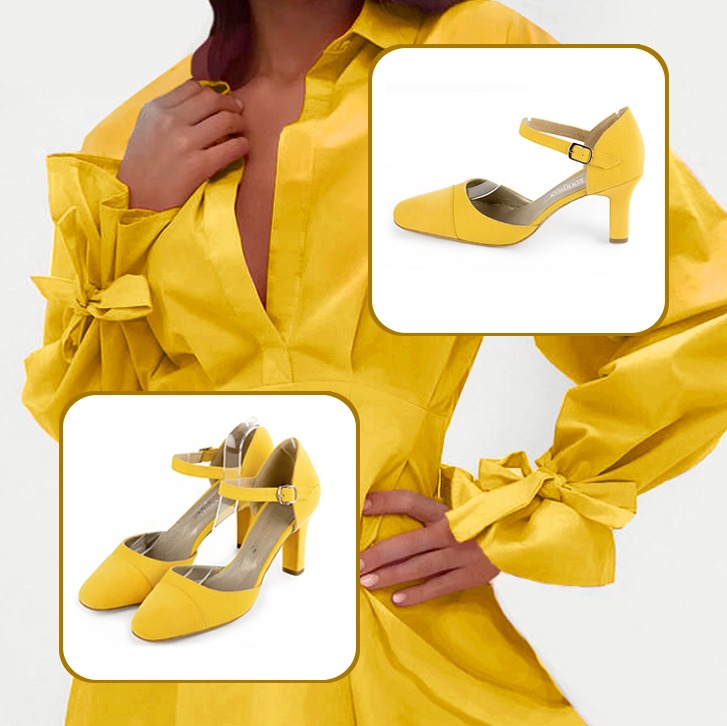 Women's elegant closed-back heels, with an instep strap and luxurious clutch for ceremonies to pair with a yellow and meadow green outfit.