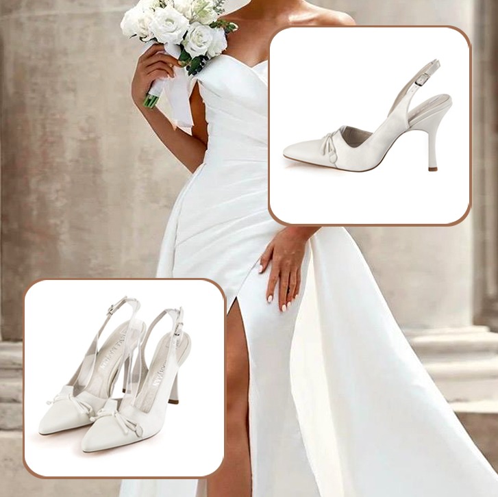 Escarpins bride arrière avec un noeud assortis à une tenue blanc pur.