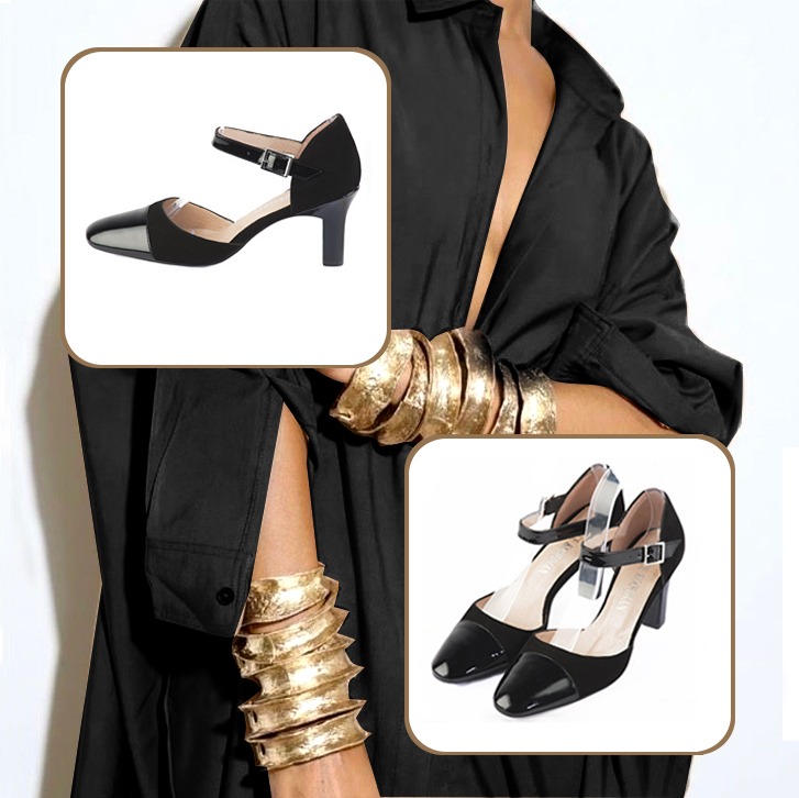 Escarpins bride cou-de-pied femme et pochette pour cérémonie assortis à une tenue noir brillant et noir mat.