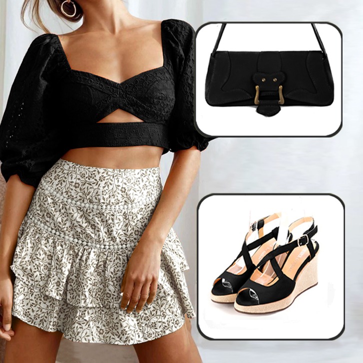 Women's elegant cross straps sandals and small luxurious handbag to pair with a matt black outfit.