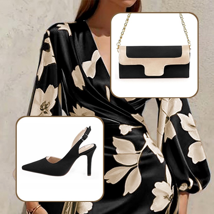 Escarpins bride arrière et pochette pour cérémonie assortis à une tenue noir mat et or.