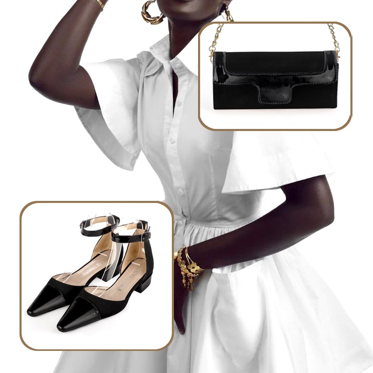 Escarpins bride cheville femme assortis à une tenue noir brillant et noir mat.