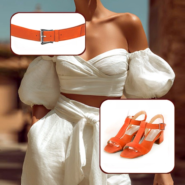 Sandales bride cou-de-pied femme et ceinture sur mesure assorties à une tenue orange clémentine