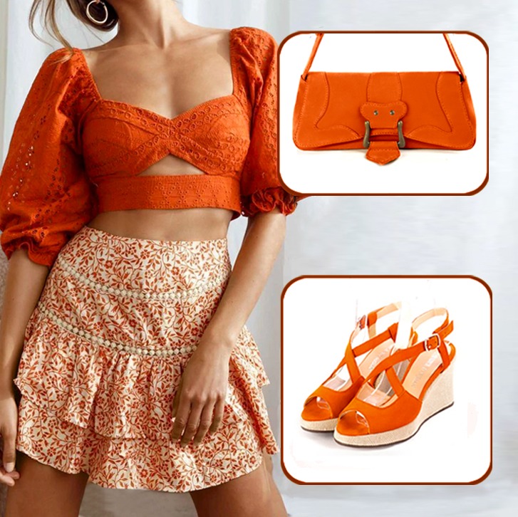Sandales brides croisées femme et luxueux petit sac à main assortis à une tenue orange clémentine
