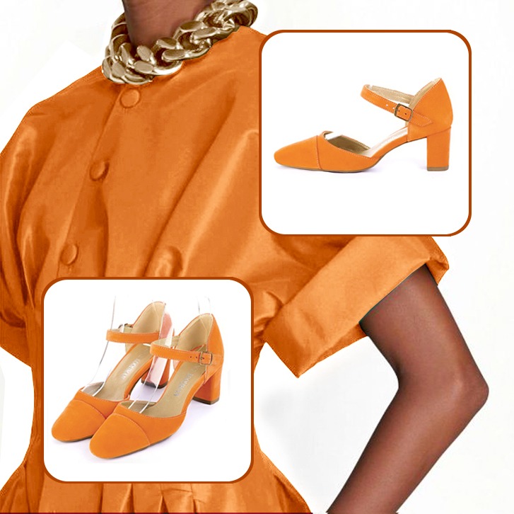Women's elegant closed-back heels, with an instep strap and medium luxurious handbag to pair with an apricot orange outfit.