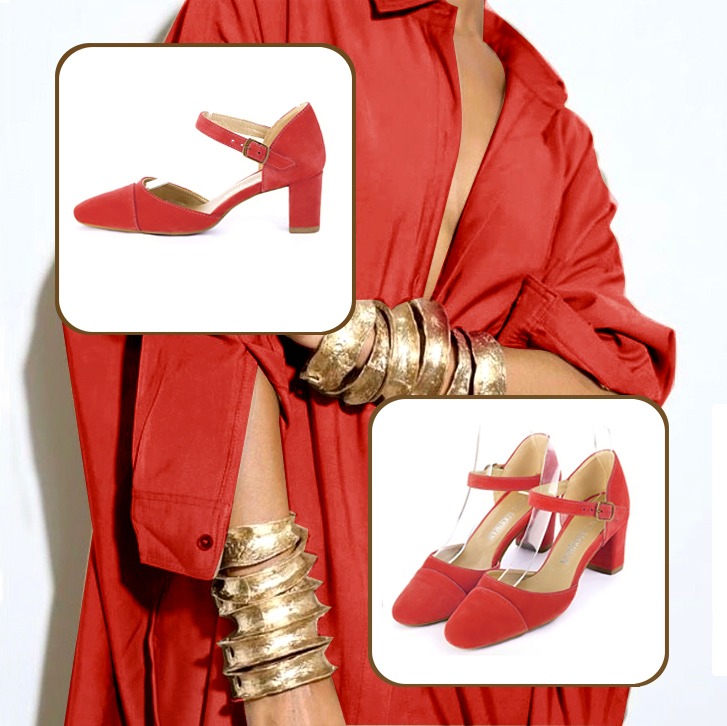 Escarpins bride cou-de-pied femme et luxueux petit sac à main assortis à une tenue rouge coquelicot.