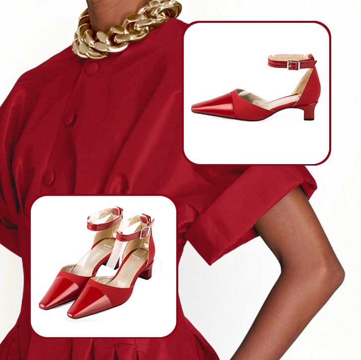 Escarpins bride cheville femme assortis à une tenue rouge coquelicot et rouge carmin.