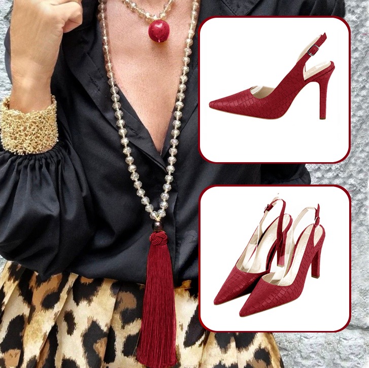 Women's dress slingback heels and custom-made belt paired to a cardinal red outfit.