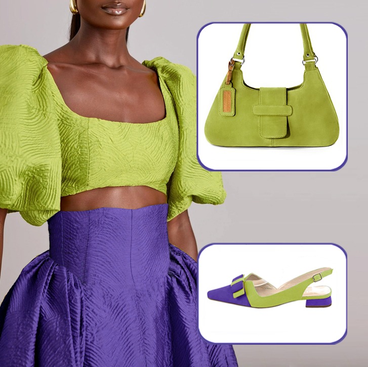 Escarpins bride arrière avec un noeud assortis à une tenue violet outremer et vert pistache