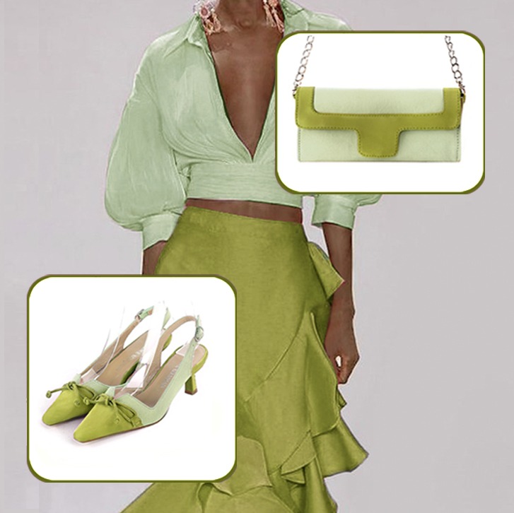 Escarpins bride arrière avec un noeud et pochette pour cérémonie assortis à une tenue vert pistache et vert tilleul
