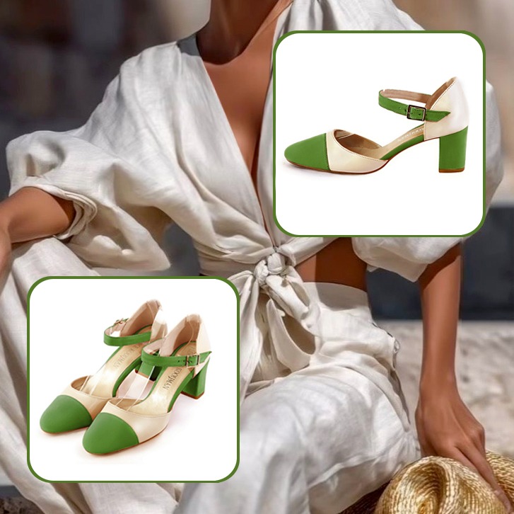 Escarpins bride cou-de-pied femme et luxueux sac à main assortis à une tenue vert anis et blanc ivoire