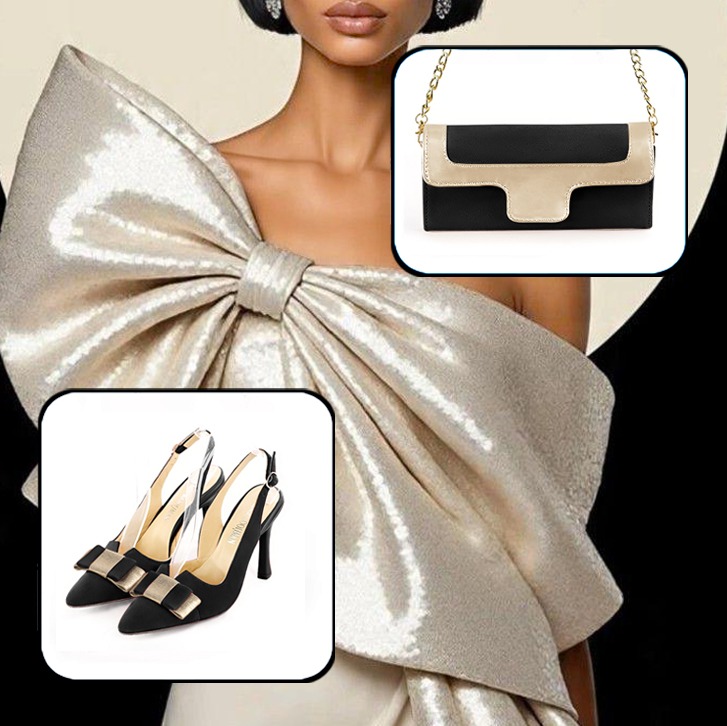 Escarpins bride arrière avec un noeud et pochette pour cérémonie assortis à une tenue noir mat et or