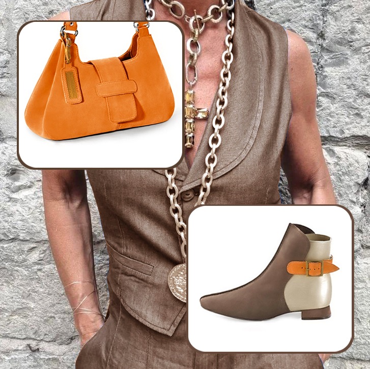 Women's elegant ankle boots, with buckles at the back, and medium luxurious handbag to pair with a chocolate brown, gold and apricot orange outfit.