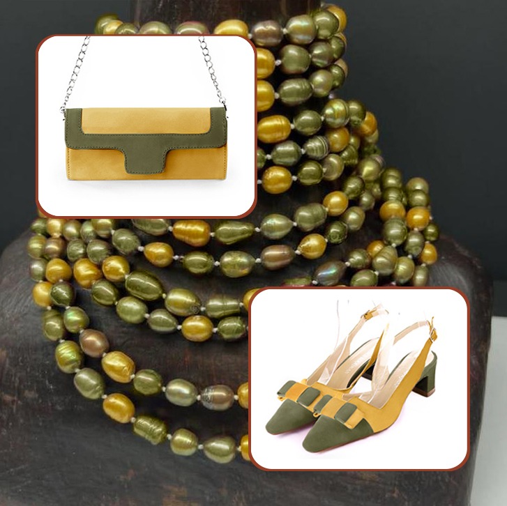 Women's elegant slingback heels, with a bow on the front and luxurious clutch for ceremonies to pair with a khaki green and mustard yellow outfit.
