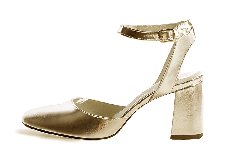 Gold women's open back shoes, with an instep strap. Round toe. High flare heels. Profile view - Florence KOOIJMAN