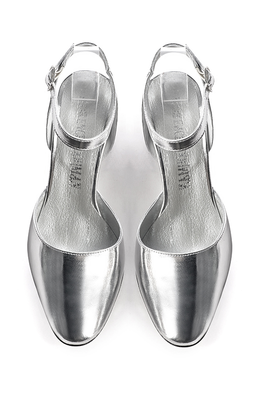 Light silver women's open back shoes, with an instep strap. Round toe. High flare heels. Top view - Florence KOOIJMAN