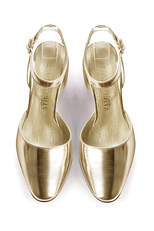 Gold women's open back shoes, with an instep strap. Round toe. High flare heels. Top view - Florence KOOIJMAN