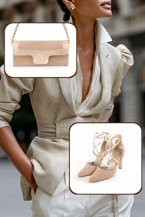 Dress heels closed-back crossed straps in biscuit beige and gold leather with high spool heels and tapered toe - Worn view