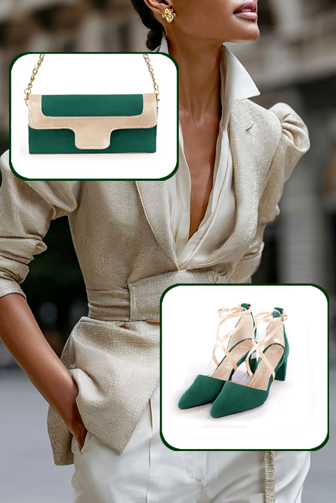 Dress heels closed-back crossed straps in emerald green and gold leather with medium comma heels and tapered toe - Worn view