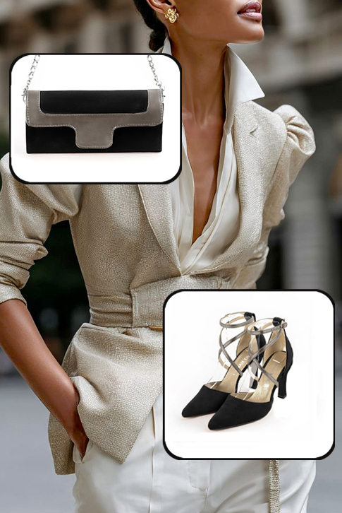 Dress heels closed-back crossed straps in matt black and taupe brown leather with high spool heels and tapered toe - Worn view