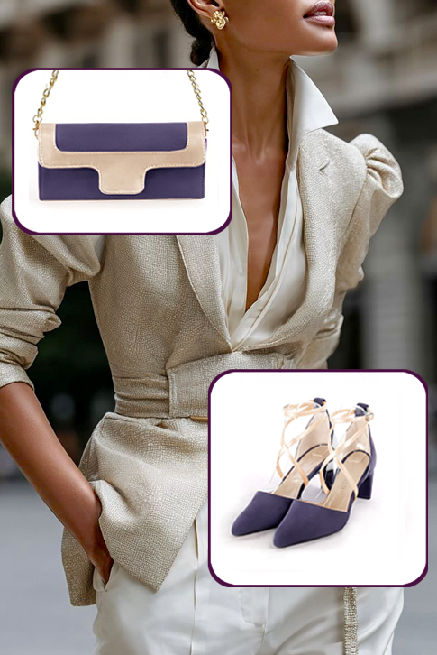 Dress heels closed-back crossed straps in lavender purple and gold leather with medium comma heels and tapered toe - Worn view