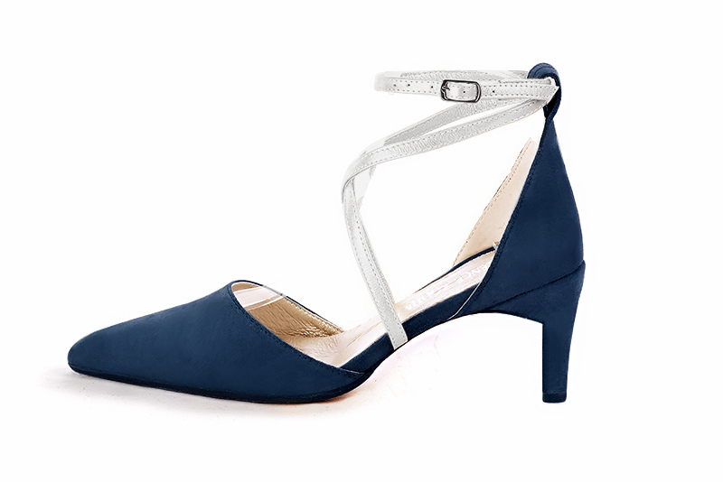 Navy blue and light silver women's open side shoes, with crossed straps. Tapered toe. Medium comma heels - Florence KOOIJMAN