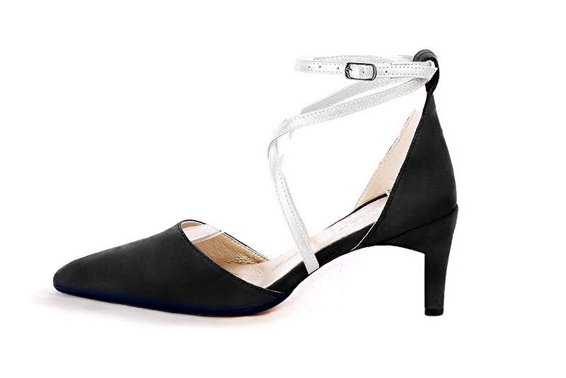Matt black and light silver women's open side shoes, with crossed straps. Tapered toe. Medium comma heels. Profile view - Florence KOOIJMAN