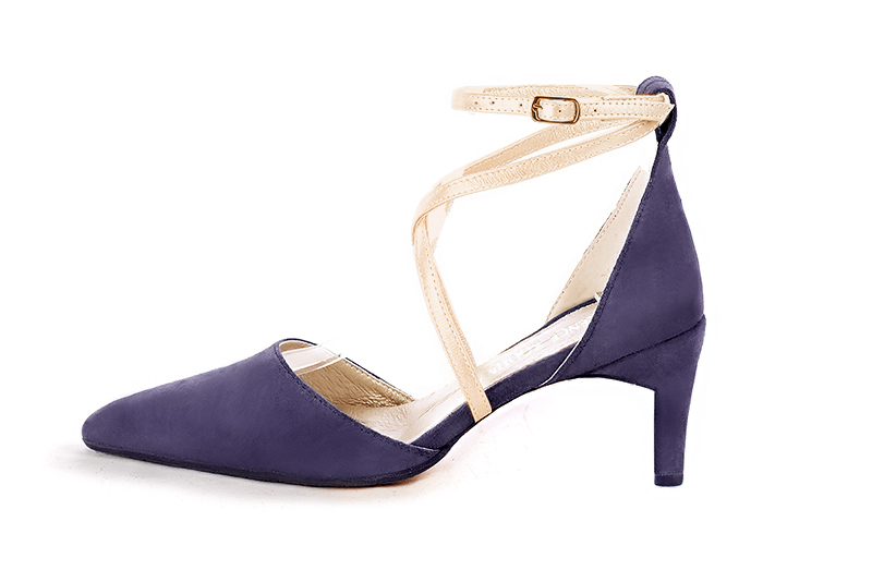 Lavender purple and gold women's open side shoes, with crossed straps. Tapered toe. Medium comma heels. Profile view - Florence KOOIJMAN