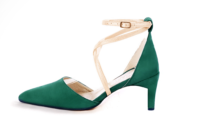 Emerald green and gold women's open side shoes, with crossed straps. Tapered toe. Medium comma heels. Profile view - Florence KOOIJMAN