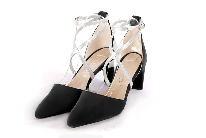 Matt black and light silver women's open side shoes, with crossed straps. Tapered toe. Medium comma heels. Front view - Florence KOOIJMAN