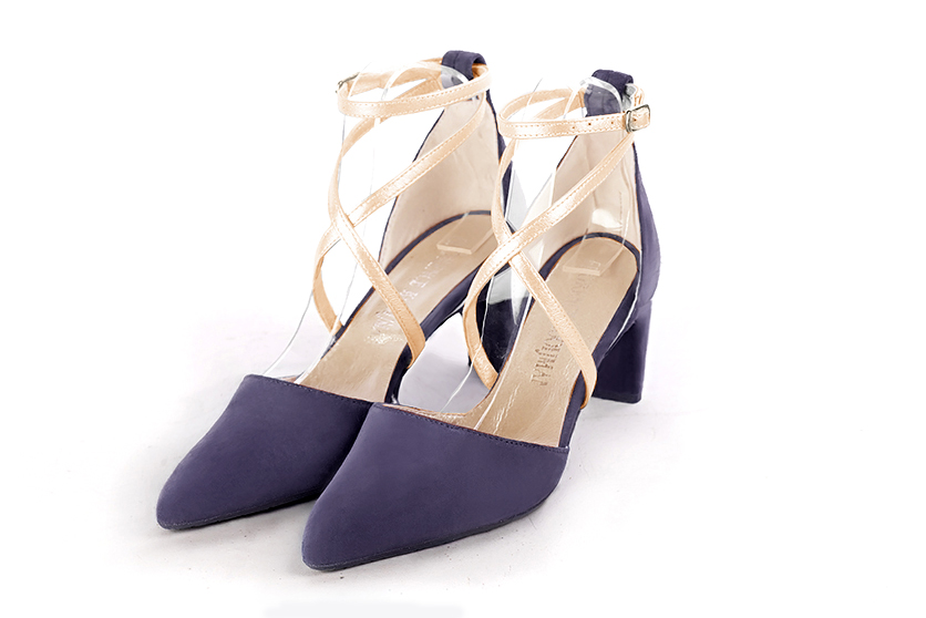 Lavender purple and gold women's open side shoes, with crossed straps. Tapered toe. Medium comma heels. Front view - Florence KOOIJMAN