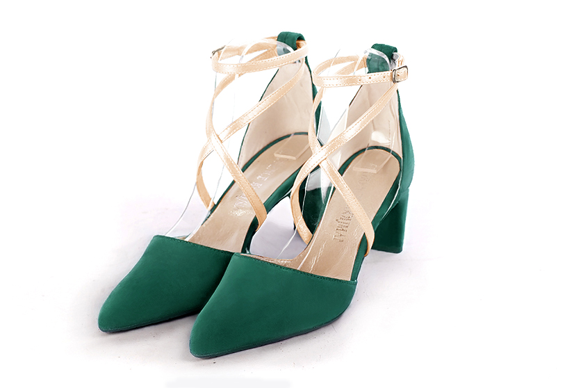 Emerald green and gold women's open side shoes, with crossed straps. Tapered toe. Medium comma heels. Front view - Florence KOOIJMAN