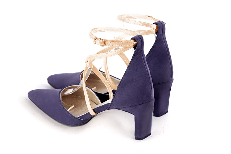 Lavender purple and gold women's open side shoes, with crossed straps. Tapered toe. Medium comma heels. Rear view - Florence KOOIJMAN