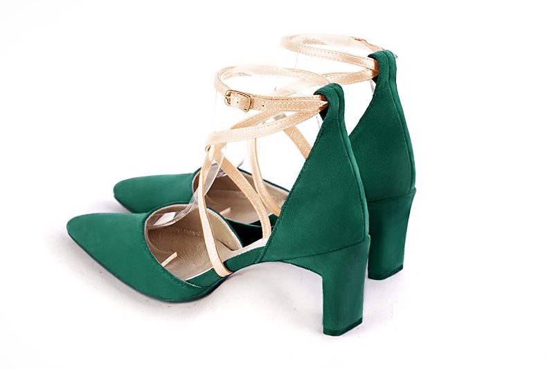 Emerald green and gold women's open side shoes, with crossed straps. Tapered toe. Medium comma heels. Rear view - Florence KOOIJMAN