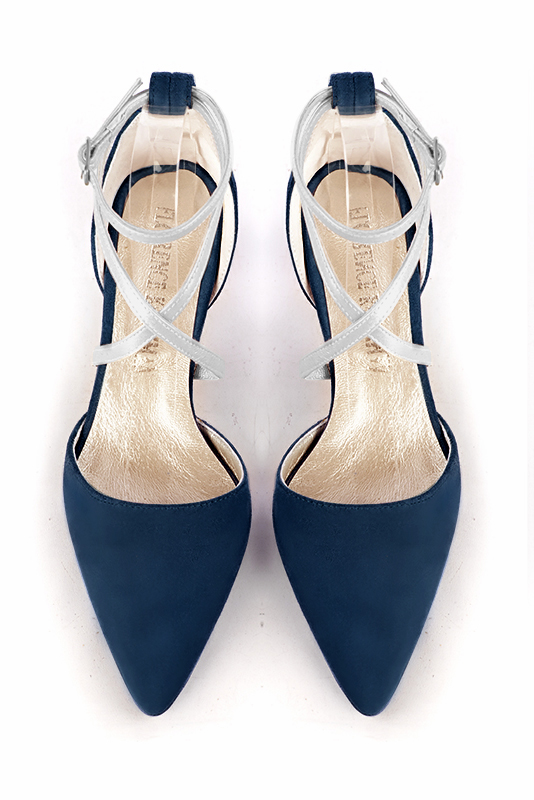 Navy blue and light silver women's open side shoes, with crossed straps. Tapered toe. Medium comma heels. Top view - Florence KOOIJMAN