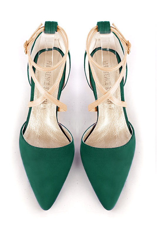 Emerald green and gold women's open side shoes, with crossed straps. Tapered toe. Medium comma heels. Top view - Florence KOOIJMAN