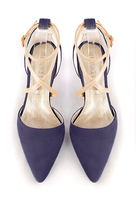 Dress heels closed-back crossed straps in lavender purple and gold leather with medium comma heels and tapered toe - Top view