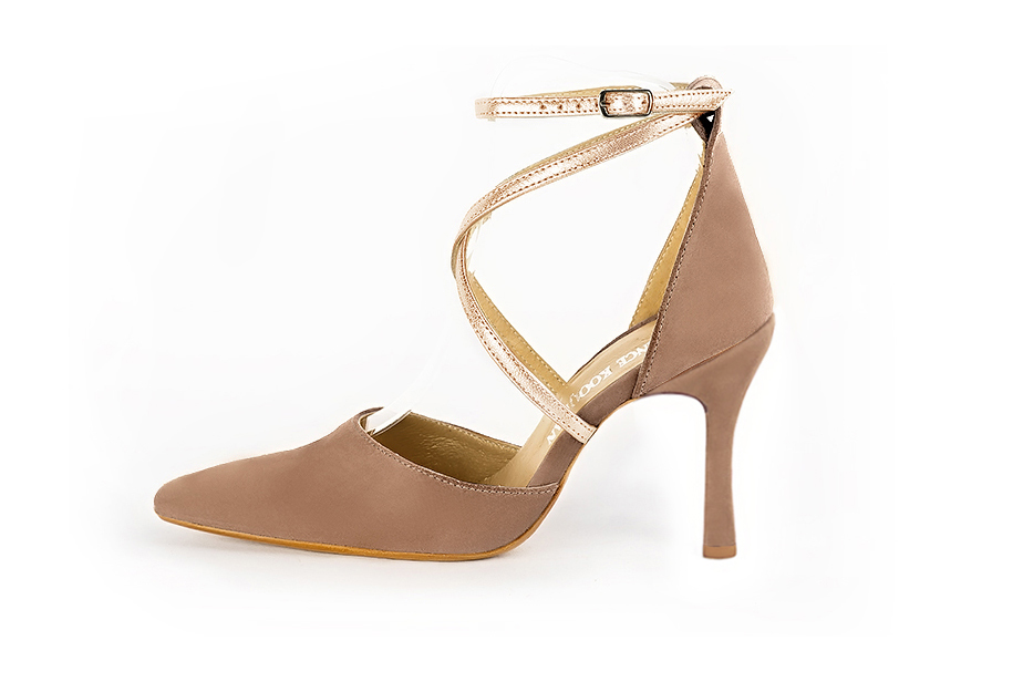 Dress heels closed-back crossed straps in biscuit beige and gold leather with high spool heels and tapered toe - Profile view