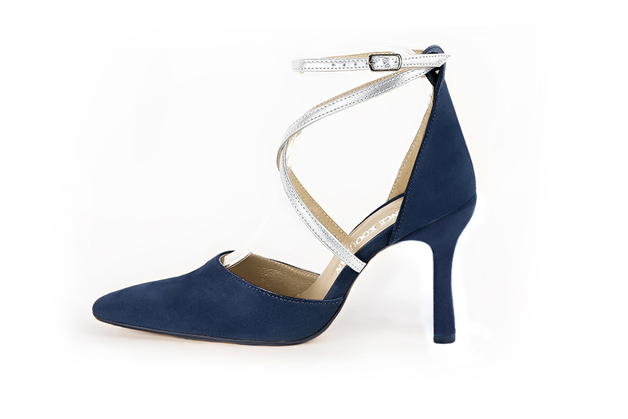 Dress heels closed-back crossed straps in navy blue and silver leather with high spool heels and tapered toe - Profile view