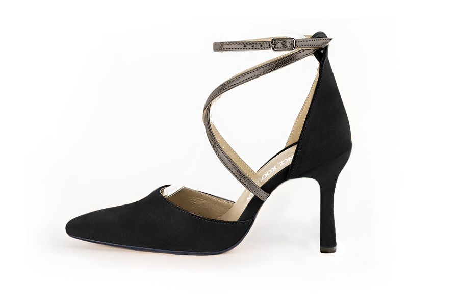 Dress heels closed-back crossed straps in matt black and taupe brown leather with high spool heels and tapered toe - Profile view