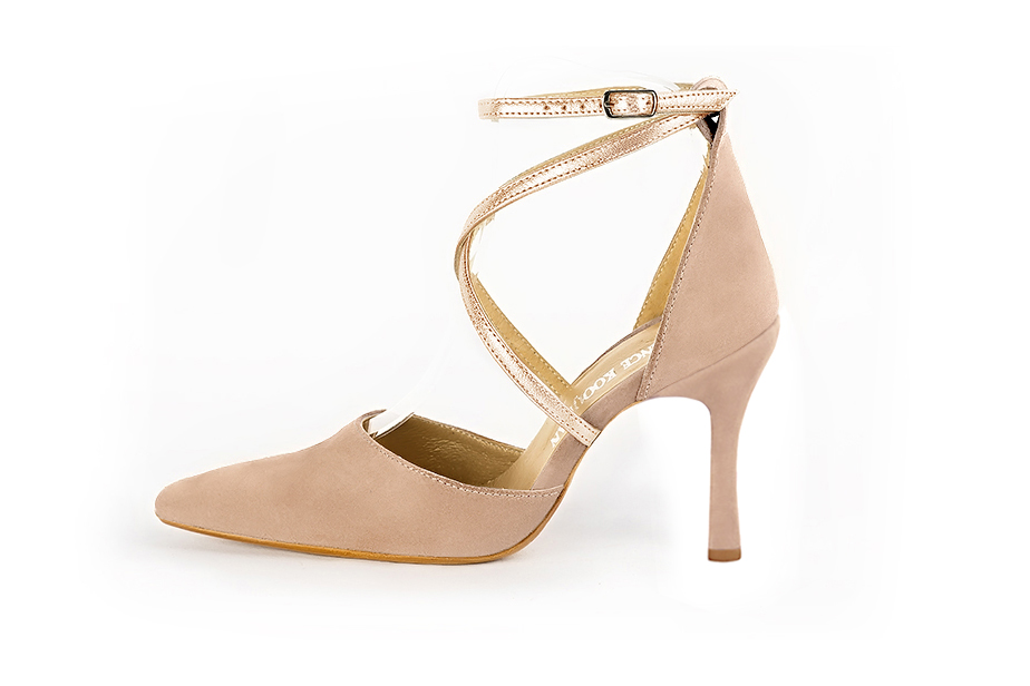 Dress heels closed-back crossed straps in biscuit beige and gold leather with high spool heels and tapered toe - Profile view