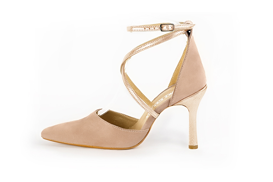 Biscuit beige and gold women's open side shoes, with crossed straps. Tapered toe. Very high spool heels. Profile view - Florence KOOIJMAN