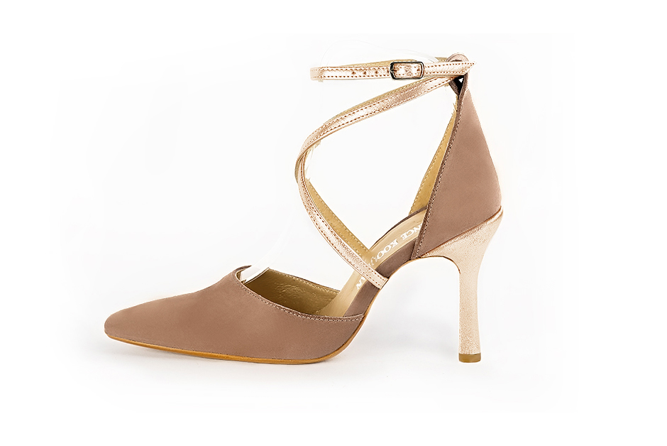 Biscuit beige and gold women's open side shoes, with crossed straps. Tapered toe. Very high spool heels. Profile view - Florence KOOIJMAN
