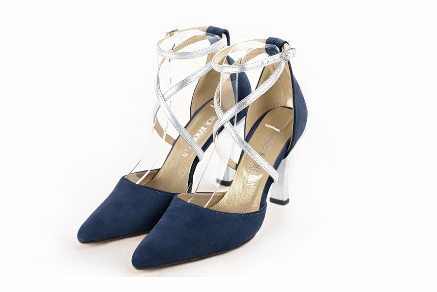 Navy blue and light silver women's open side shoes, with crossed straps. Tapered toe. Very high spool heels - Florence KOOIJMAN