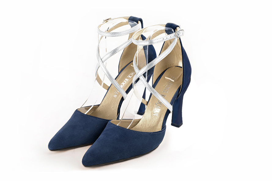Dress heels closed-back crossed straps in navy blue and silver leather with high spool heels and tapered toe - Front view